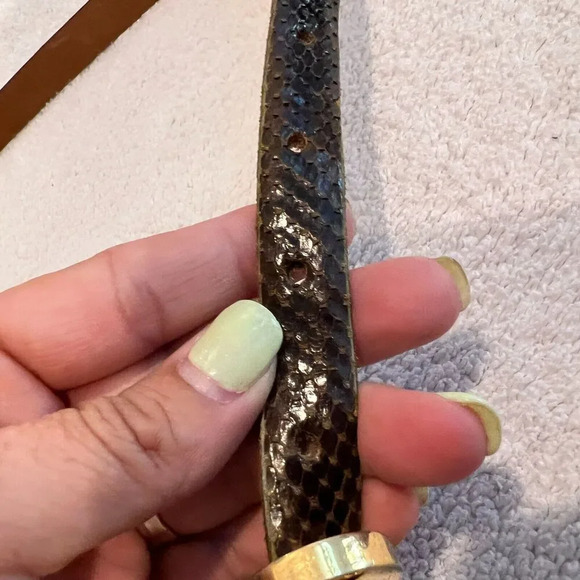 Vtg Reptile Veritable Belt Brown Snakeskin Skinny Leather Gold Plate Buckle 1/2" - Picture 6 of 12